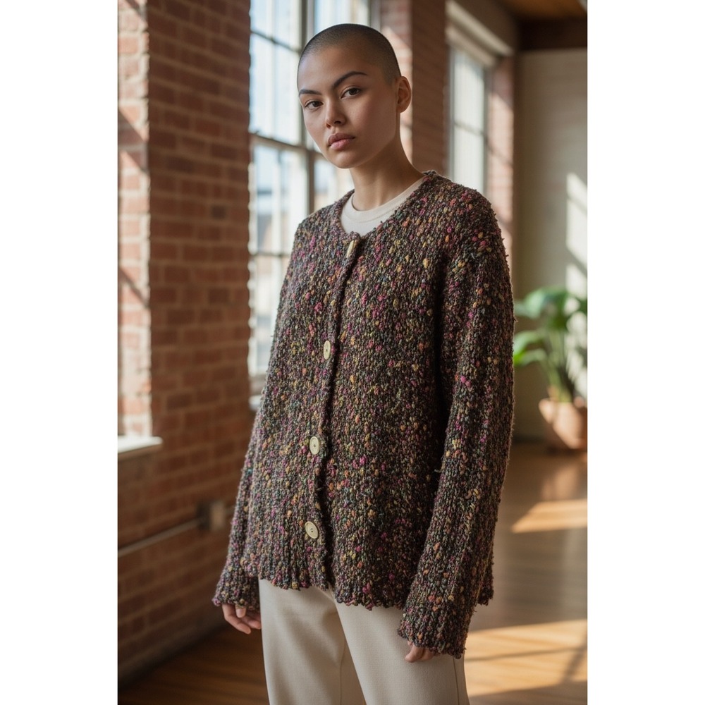 Alps Vintage 90s Popcorn Knit Cardigan Sweater Brown Multi Alpaca Mohair Large
